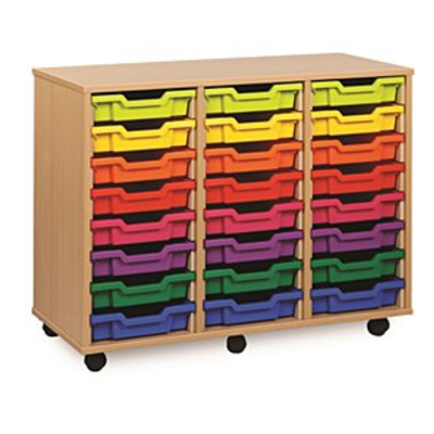 24 (8x3) Shallow Tray Unit Beech Finish Red/Yellow/Blue Mix Trays