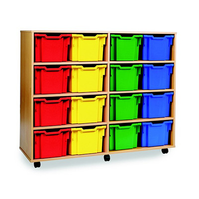 16 Extra Deep Tray Storage Unit Beech Finish All Red Trays