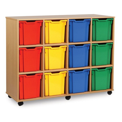 12 Jumbo Tray Storage Unit Beech Finish All Red Trays