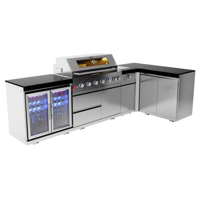 Draco Grills 6 Burner BBQ Modular Outdoor Kitchen with Sear Station, Double Cupboard and Double Fridge, With Granite Side Panels