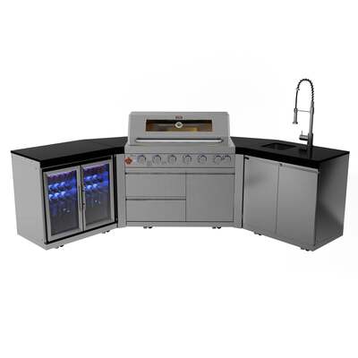 Draco Grills 6 Burner BBQ Modular Outdoor Kitchen with Double Fridge and Sink, With Granite Side Panels