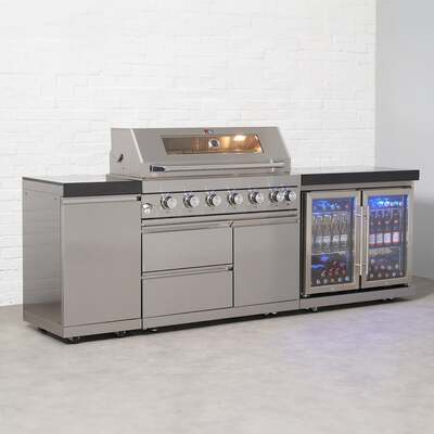 Draco Grills 6 Burner BBQ Modular Outdoor Kitchen with Gas Bottle Cabinet and Double Fridge, With Granite Side Panels