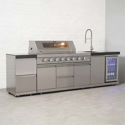 Draco Grills 6 Burner BBQ Modular Outdoor Kitchen with Double Drawers, Single Fridge and Sink Unit, Mid March 2026 / With Granite Side Panels