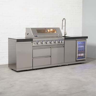 Draco Grills 6 Burner BBQ Modular Outdoor Kitchen with Gas Bottle Cabinet, Single Fridge and Sink, Mid May 2026 / With Granite Side Panels