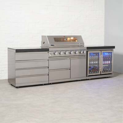 Draco Grills 6 Burner BBQ Modular Outdoor Kitchen with Quad Drawer and Double Fridge Unit, End of February 2026 / With Granite Side Panels