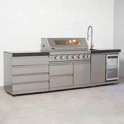 Draco Grills 6 Burner BBQ Modular Outdoor Kitchen with Quad Drawer and Single Fridge and Sink Unit, Mid March 2026 / Without Granite Side Panels