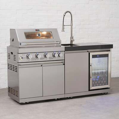 Draco Grills 4 Burner BBQ Modular Outdoor Kitchen with Sink and Fridge Unit, Mid March 2026 / With Granite Side Panels
