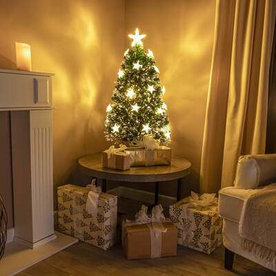 2ft - 7ft Green Fibre Optic Christmas Tree with Warm White Fibre Optics, LED Lights and Stars, 3FT