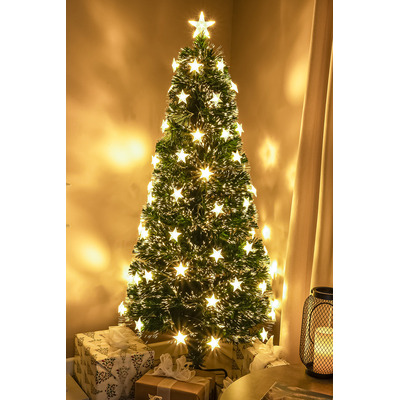2ft - 7ft Green Fibre Optic Christmas Tree with Warm White Fibre Optics, LED Lights and Stars, 5FT