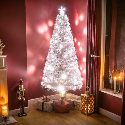 2ft - 7ft White Fibre Optic Christmas Tree with White Fibre Optics and LED Lights, 5FT