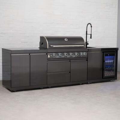 Draco Grills 6 Burner BBQ Black Stainless Steel Modular Outdoor Kitchen with Fridge and Sink Unit and Double Cabinet, With Side Panels