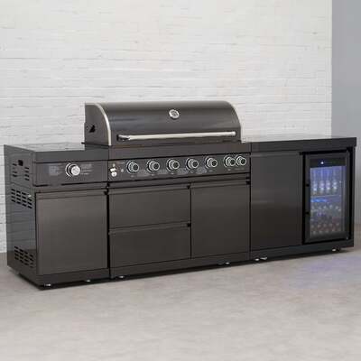 Draco Grills 6 Burner BBQ Black Stainless Steel Modular Outdoor Kitchen with Sear Station and Fridge Unit, With Side Panels