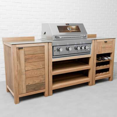 Draco Grills Teak 4 Burner Outdoor Kitchen with Modular Single Cupboard and Wine Cabinet, Mid February 2026 / Without Side Panels