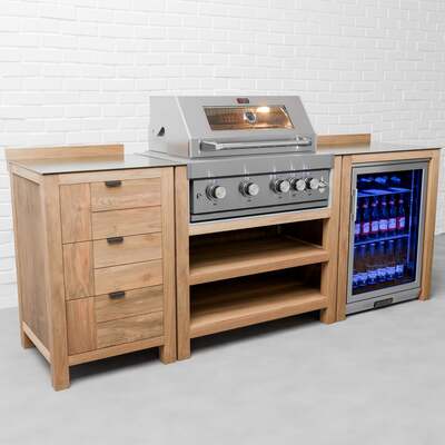 Draco Grills Teak 4 Burner Outdoor Kitchen with Modular Triple Drawer Unit and Single Fridge, Early March 2026 / Without Side Panels