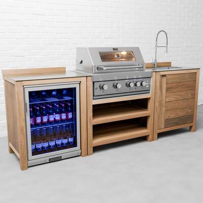 Draco Grills Teak 4 Burner Outdoor Kitchen with Modular Sink and Single Fridge, End of February 2026 / With Side Panels