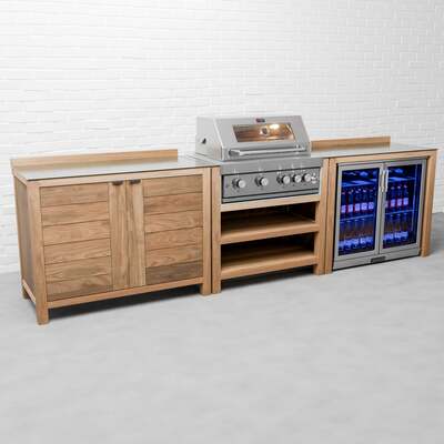 Draco Grills Teak 4 Burner Outdoor Kitchen with Modular Double Cupboard and Double Fridge, End of January 2026 / With Side Panels
