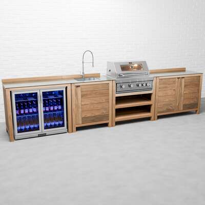 Draco Grills Teak 4 Burner Outdoor Kitchen with Modular Double Cupboard, Sink, Double Fridge, End of January 2026 / Without Side Panels