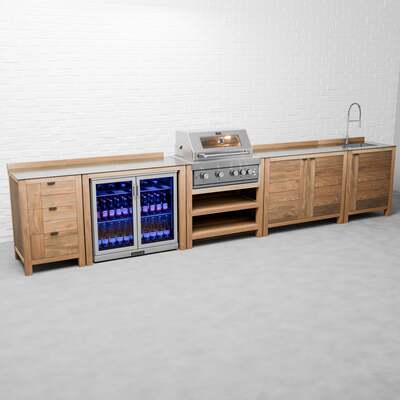 Draco Grills Teak 4 Burner Outdoor Kitchen with Modular Triple Drawer Unit, Double Cupboard, Sink, Double Fridge, End of January 2026 / Without Side Panels