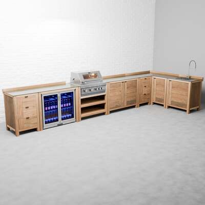 Draco Grills Teak 4 Burner Outdoor Kitchen with Modular Cupboards, Drawers, Sink, Double Fridge, Corner Cabinet, End of January 2026 / Without Side Panels