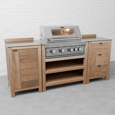 Draco Grills Teak 4 Burner Outdoor Kitchen with Modular Single Cupboard and Triple Drawer Unit, Mid February 2026 / With Side Panels