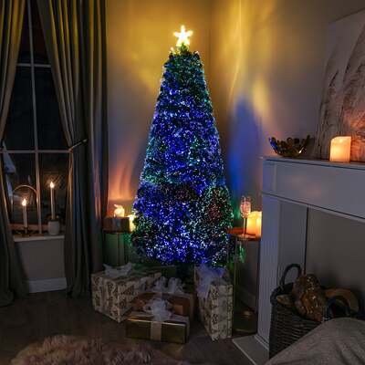 2ft - 7ft Green Pin Prick Fibre Optic Christmas Tree with Multi Coloured Fibre Optic Lights, 6FT