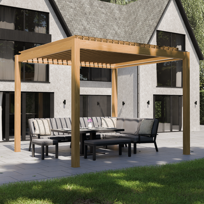 Bracken Outdoors Eclipse 3m x 3m  Wood Effect Square Motorised Garden Pergola with Lights, Pergola with Bolt Down and Assembly