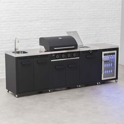 Draco Grills Titan 4 Burner Black Outdoor Kitchen Gas Barbecue with Side Burner, Fridge and Sink, Mid March 2026