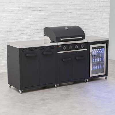 Draco Grills Titan 4 Burner Black Outdoor Kitchen Gas Barbecue with Fridge and Double Cupboard, Mid February 2026
