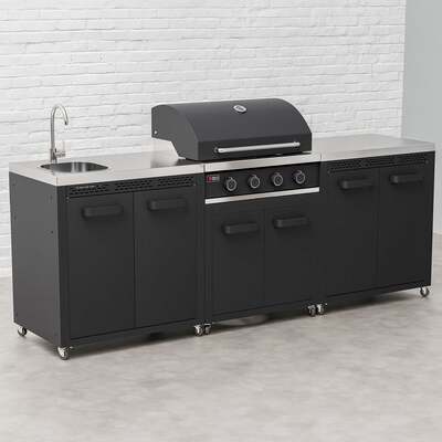 Draco Grills Titan 4 Burner Black Outdoor Kitchen Gas Barbecue with Double Cupboard and Sink, Mid February 2026