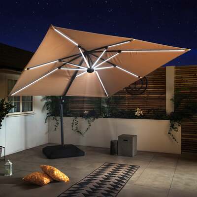 Bracken Outdoors Ecru 3m x 3m Square Cantilever Parasol With Solar LED Lights & FREE Base