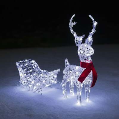 Pre-Lit Christmas Reindeer - 68cm Soft Acrylic Light Up Reindeer & Sleigh with 120 White LEDs