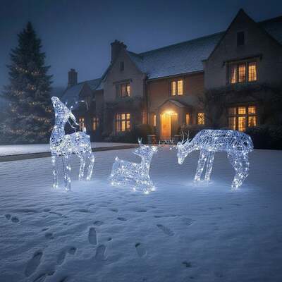 Pre-Lit Christmas Reindeer - Set of 3 Soft Acrylic Light-Up Reindeer Family with 260 White LEDs