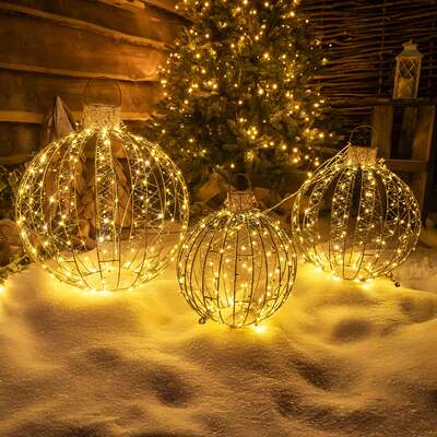 Pre-Lit Christmas Set of 3 Gold Light-Up Balls with 360 Warm White LED Lights