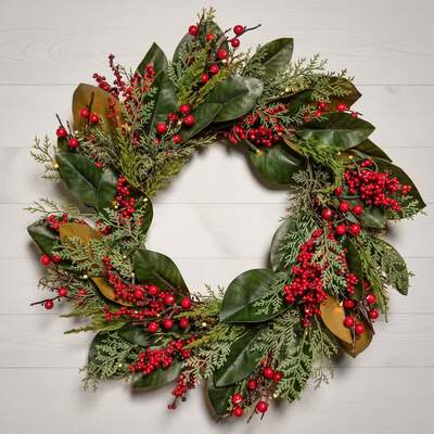 The Christmas Centre Magnolia Berry 26in (66cm) Prelit Christmas Wreath with Warm White Battery Operated LED Lights